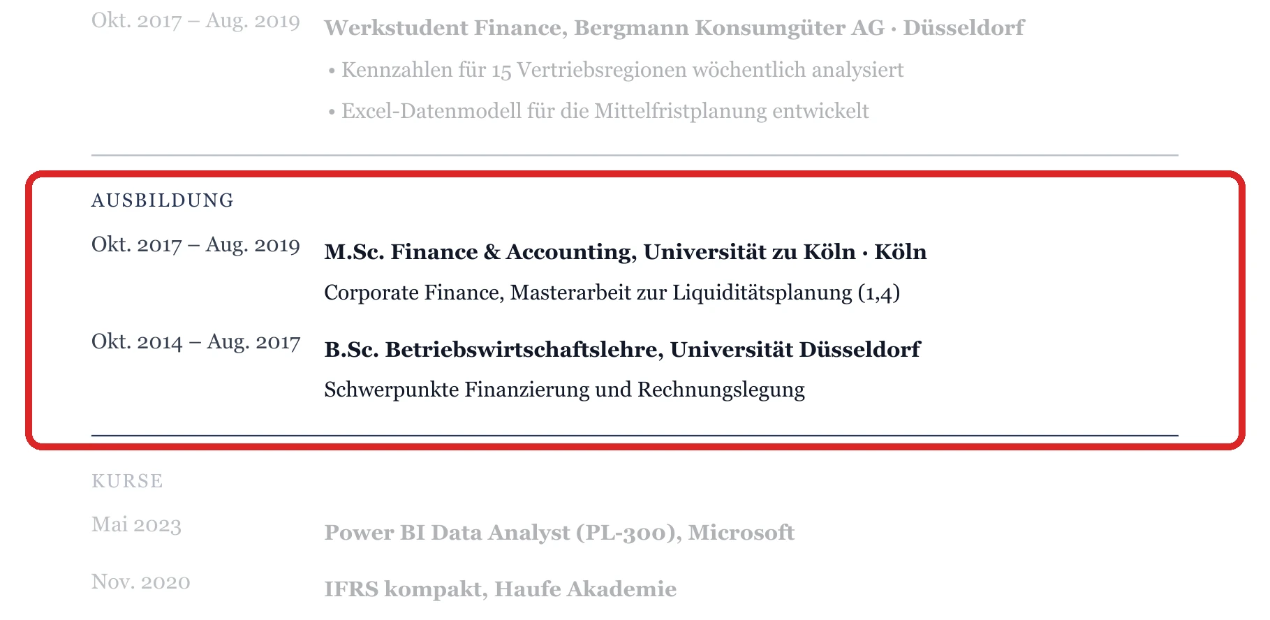 Ausbildung im Muster – Finanzen – allgemein
