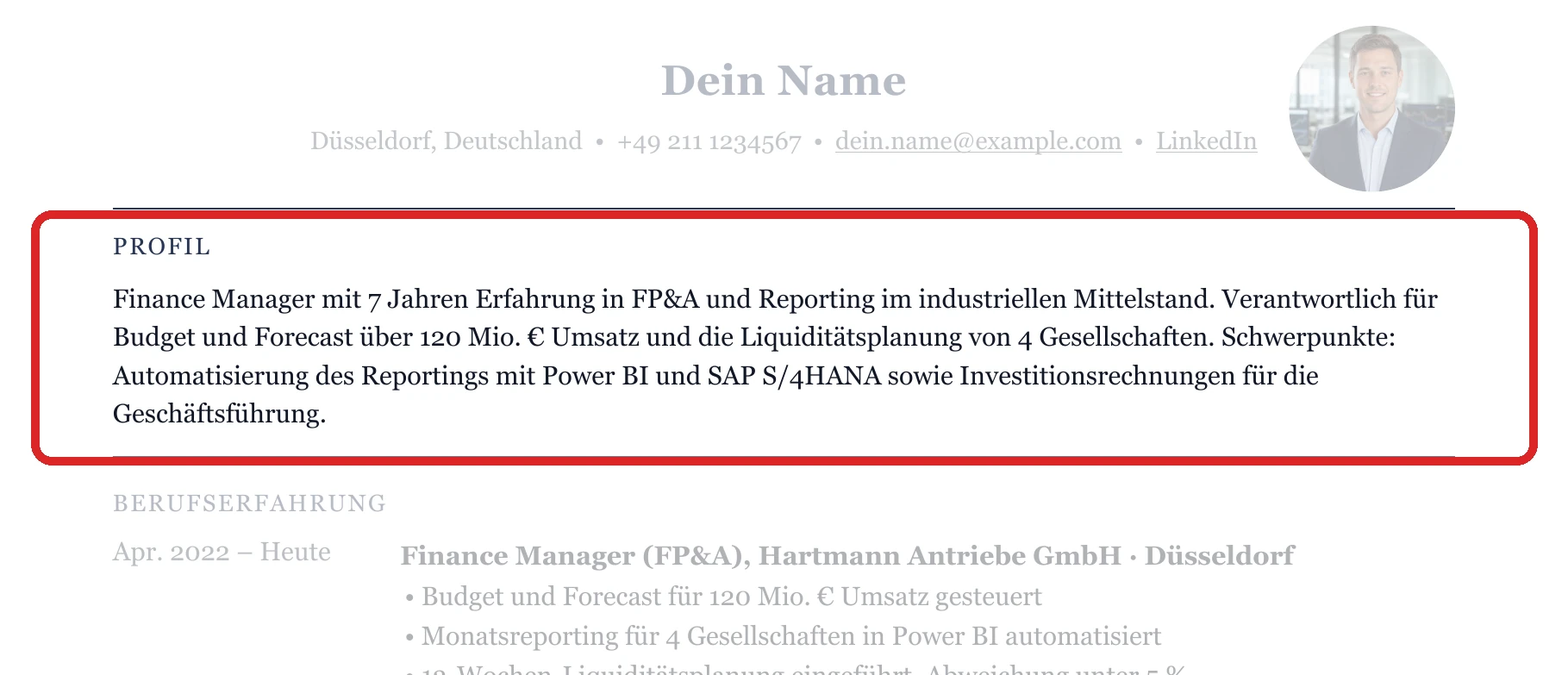 Position eines Kurzprofils