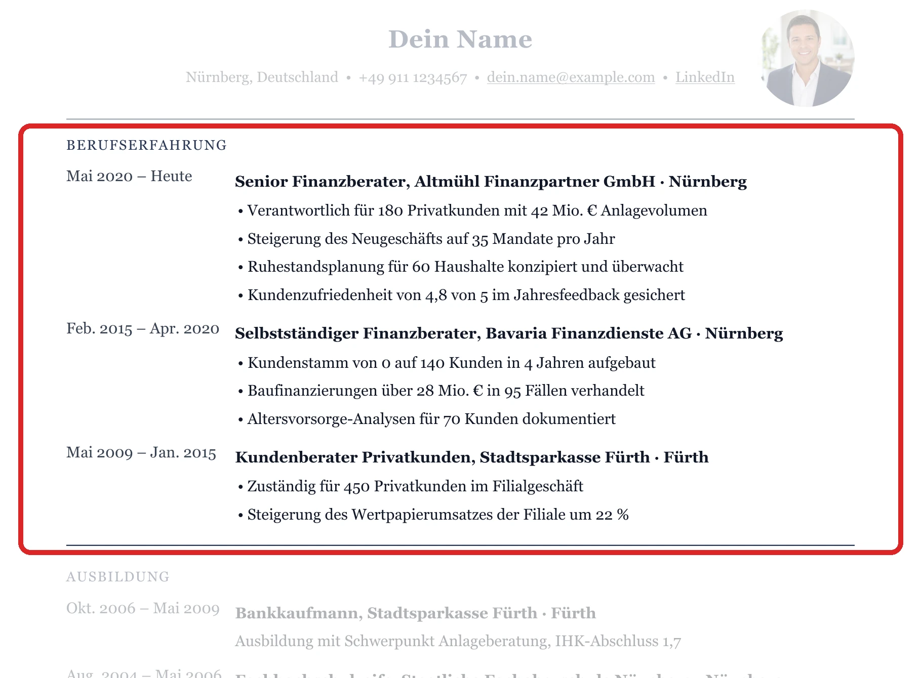 Berufserfahrung im Muster – Finanz- & Vermögensberatung