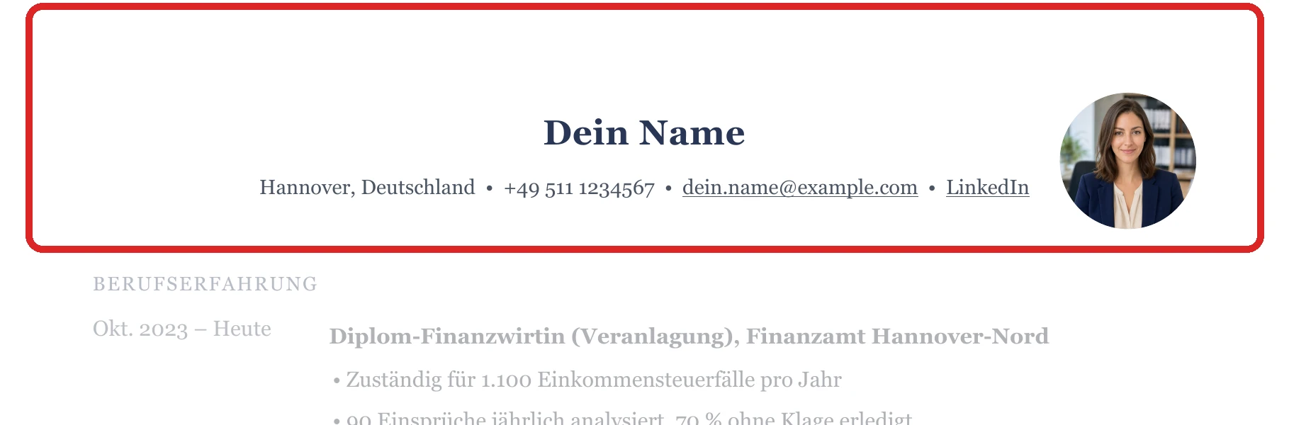 Persönliche Angaben im Muster – Finanzverwaltung