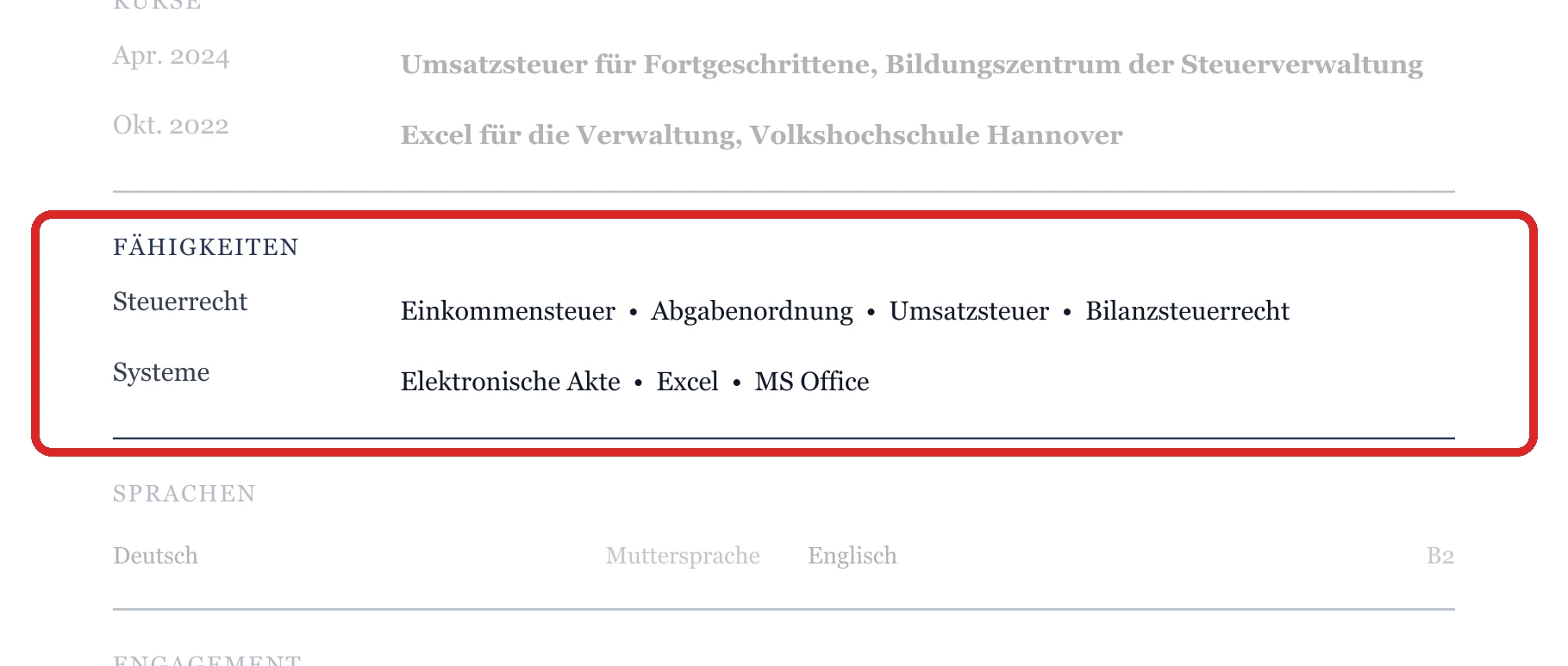 Kenntnisse im Muster – Finanzverwaltung