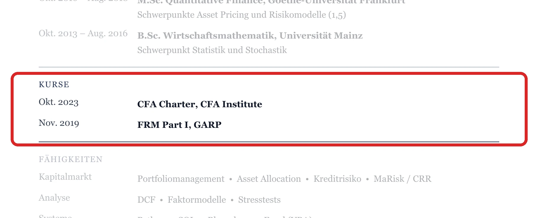 Weiterbildungen im Muster – Asset Management & Risiko