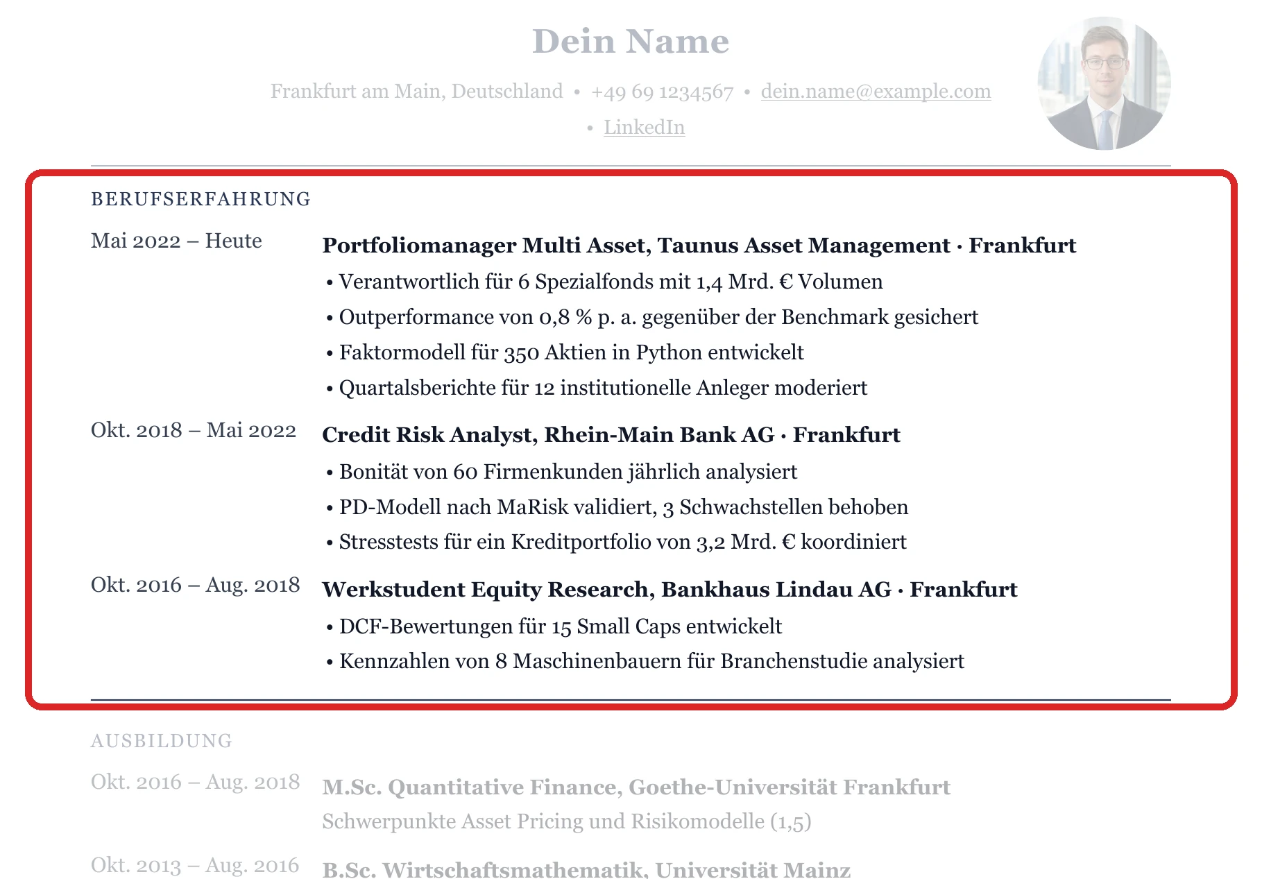 Berufserfahrung im Muster – Asset Management & Risiko