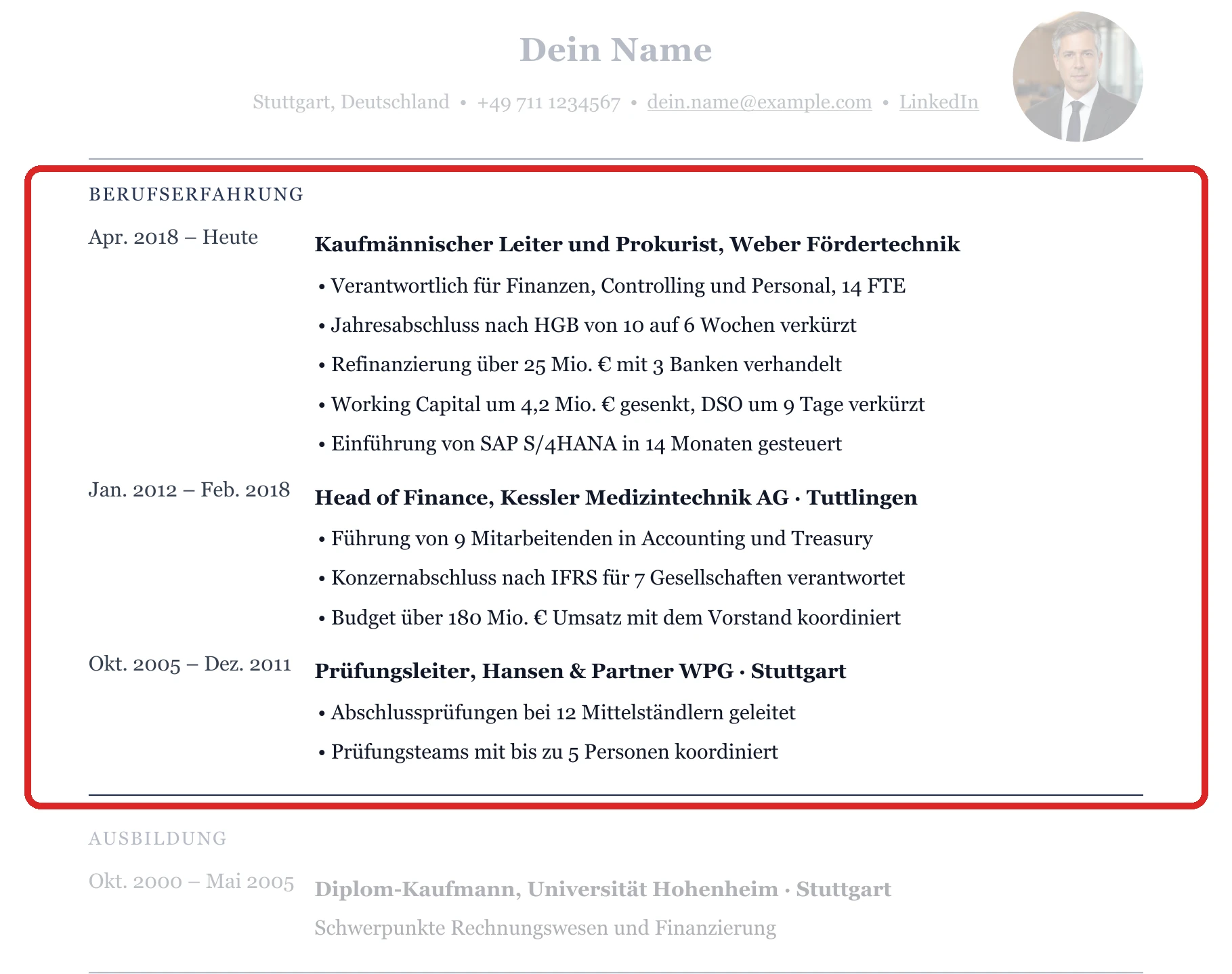 Berufserfahrung im Muster – Finanzleitung & CFO