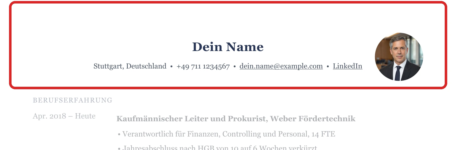 Persönliche Angaben im Muster – Finanzleitung & CFO