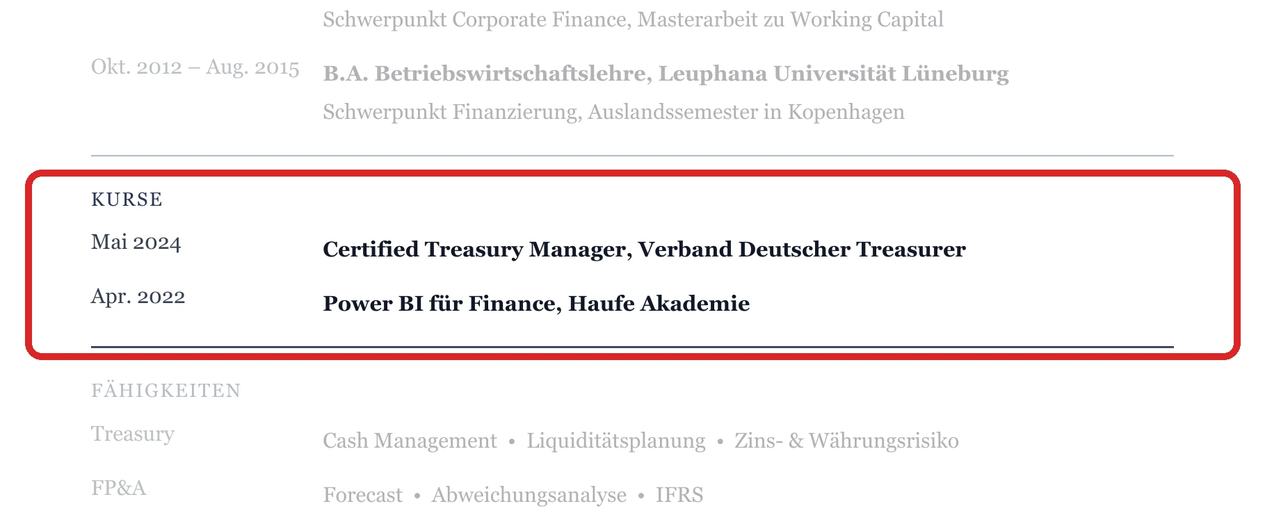 Weiterbildungen im Muster – Finanzabteilung (FP&A, Treasury)