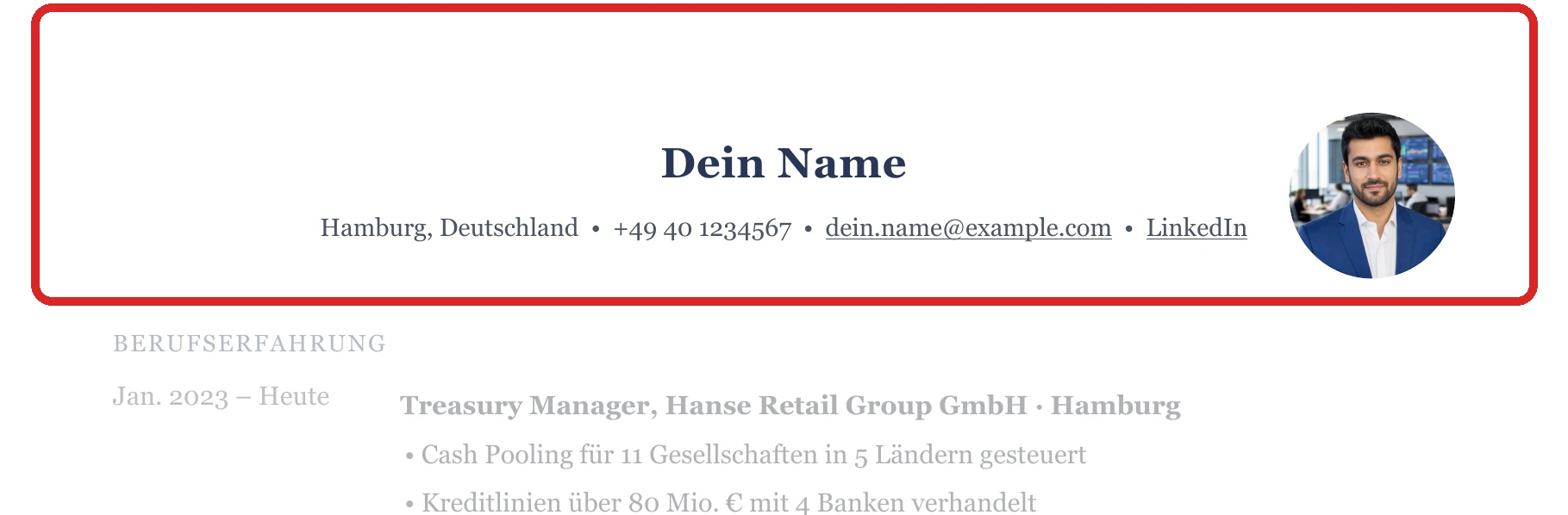 Persönliche Angaben im Muster – Finanzabteilung (FP&A, Treasury)