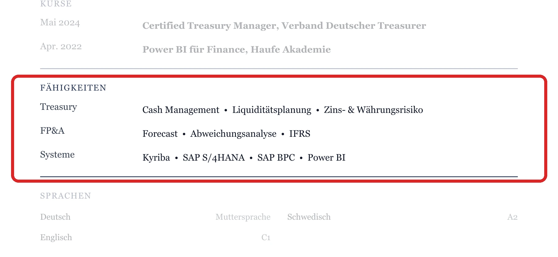 Kenntnisse im Muster – Finanzabteilung (FP&A, Treasury)