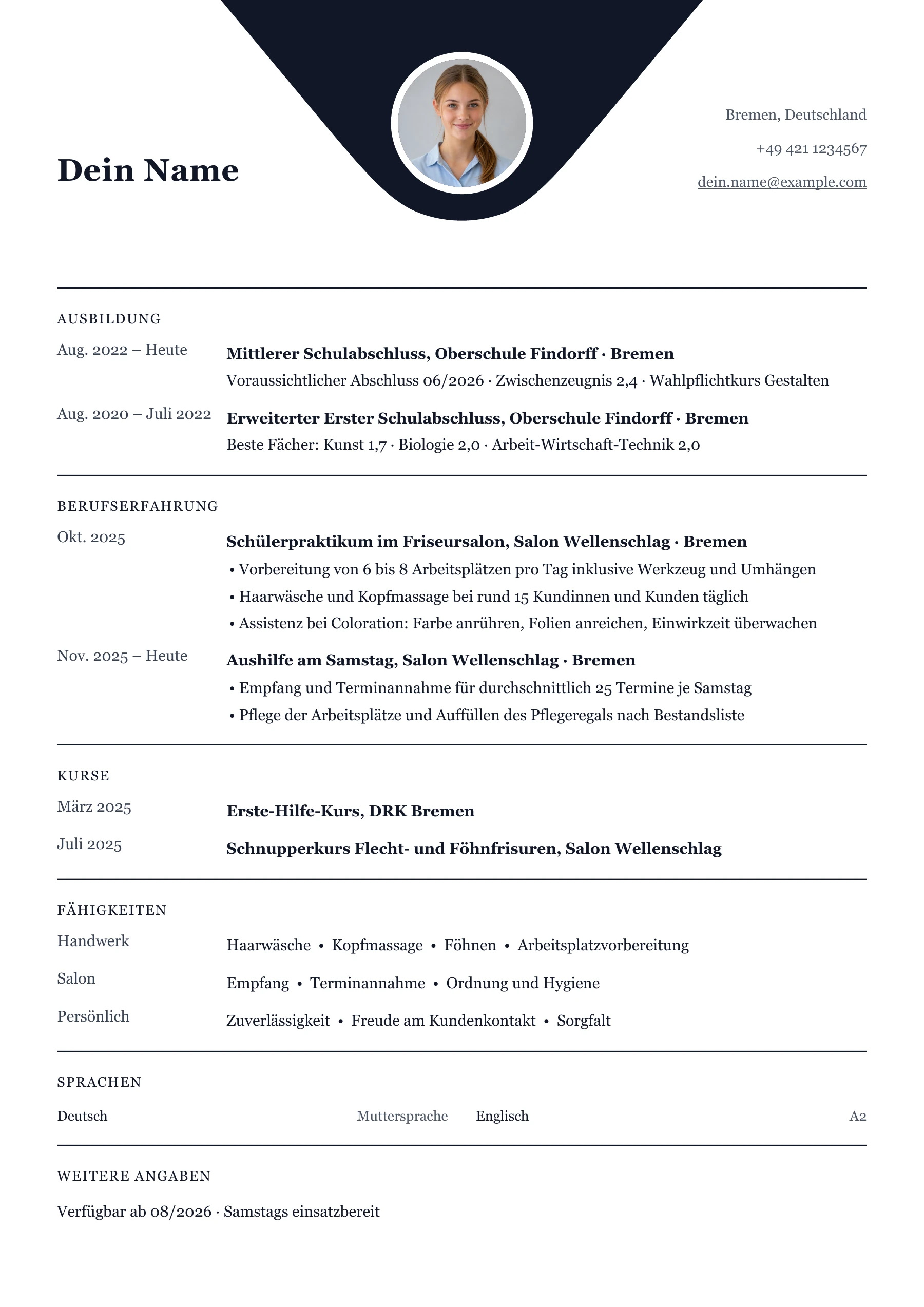 Lebenslauf Friseurin · Ausbildung, Praktikum & Berufseinstieg · Klassisch zentriert