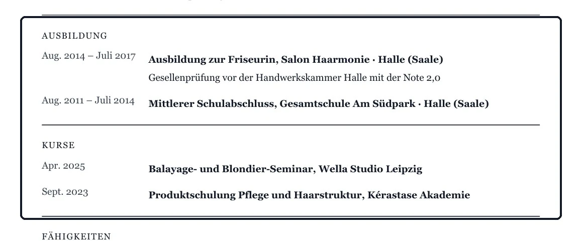 Der Bildungsteil nennt Abschluss, Betrieb, Ort und Zeitraum. Die Zeile darunter zeigt den Prüfungsweg.