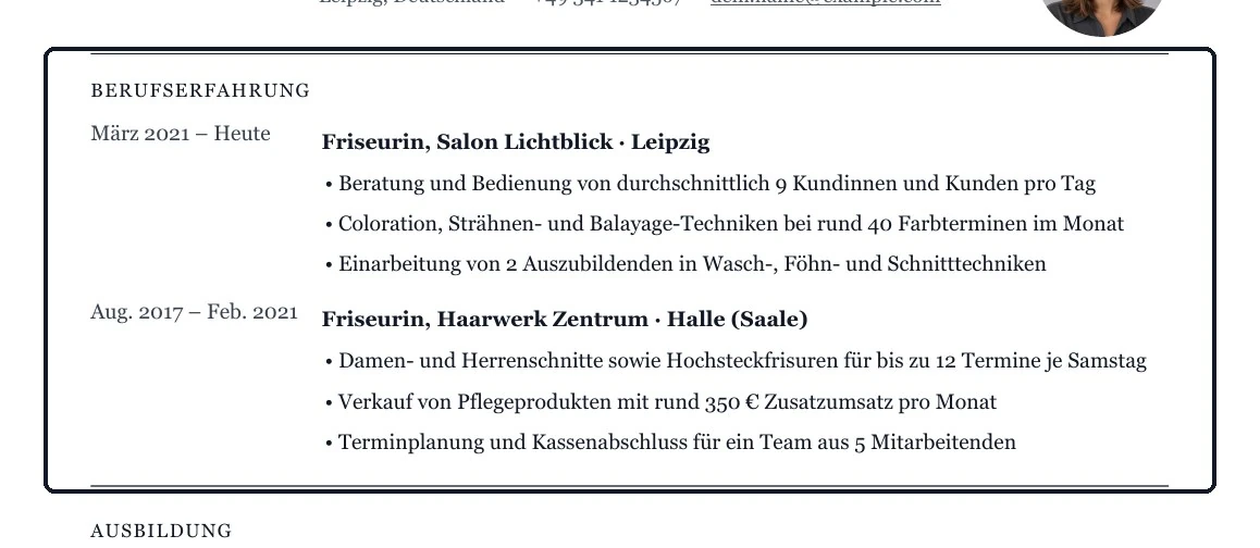 Beide Stationen nennen Position, Salon, Ort und Zeitraum. Die Stichpunkte zeigen, was jeweils dazugehörte.