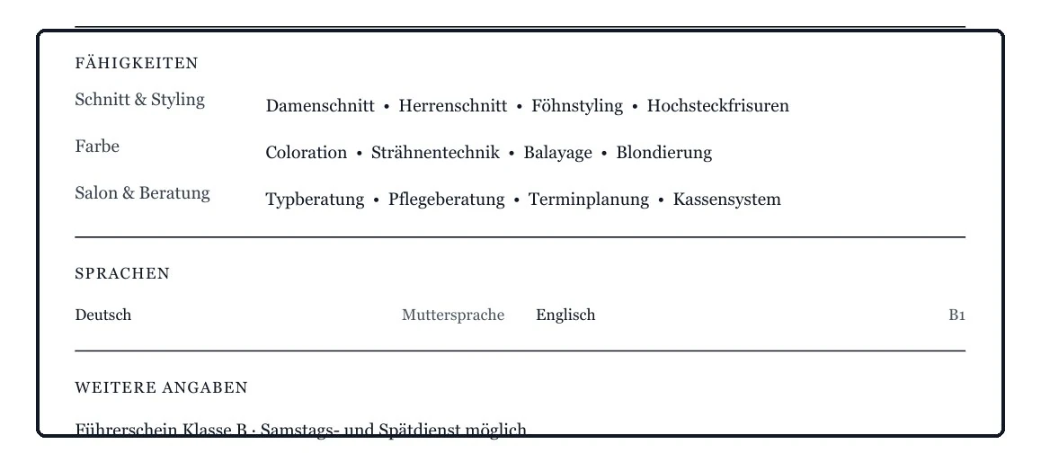 Kenntnisse und Sprachen stehen getrennt. Zu jeder Sprache gehört ein verständliches Niveau.