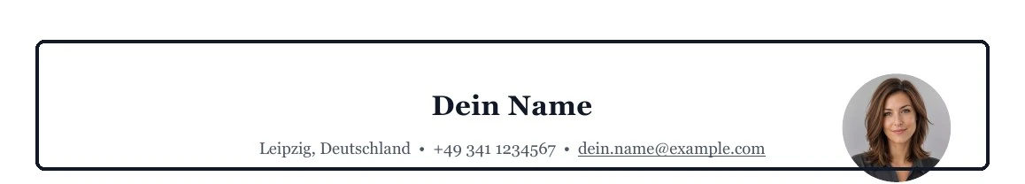 Im Kopfbereich stehen Name und Kontaktdaten kompakt zusammen.