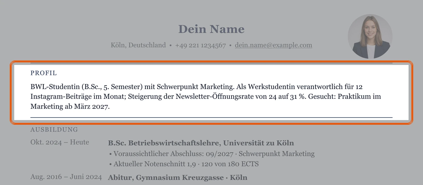 Lebenslauf fürs Praktikum mit Kurzprofil zwischen Kontaktdaten und Studium