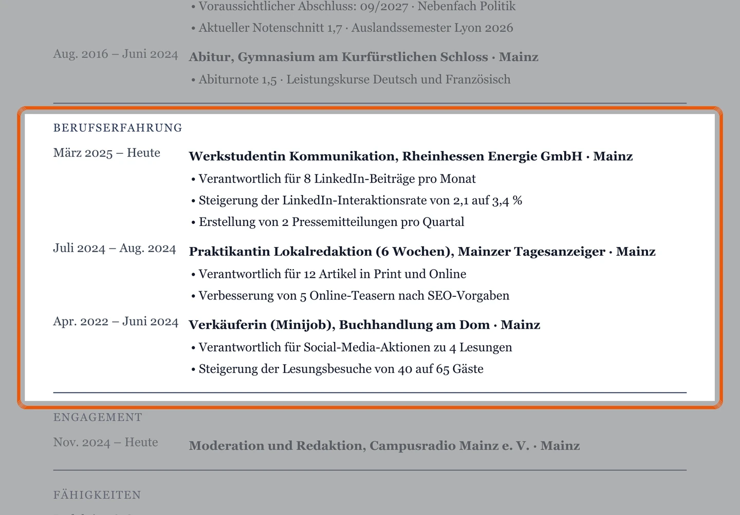 Berufserfahrung im Muster – Muster Medien & Kommunikation