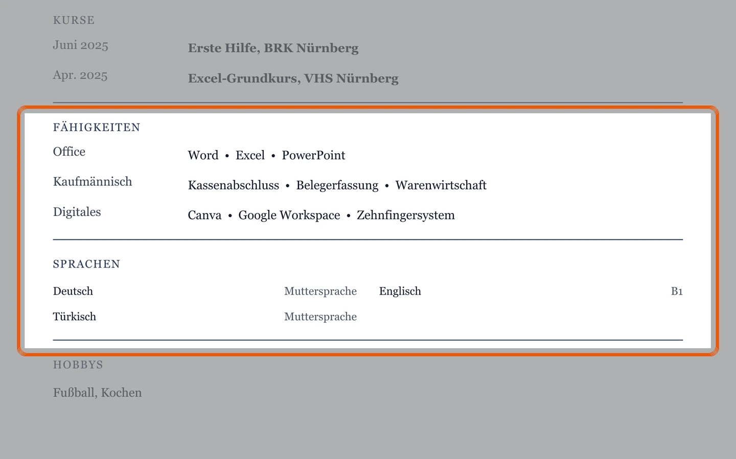 Kenntnisse und Sprachen im Muster – Muster Nach der Schule