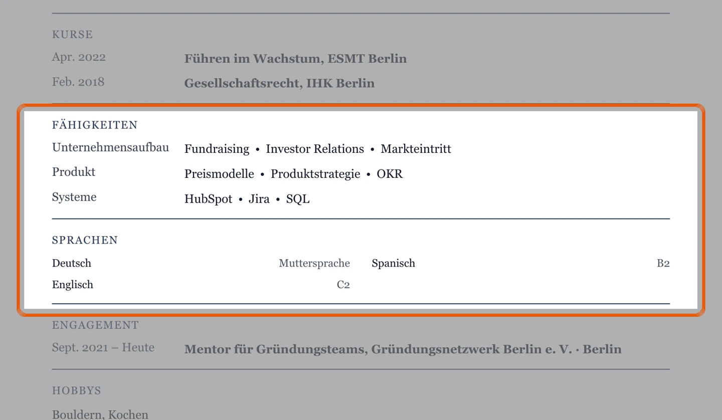 Kenntnisse und Sprachen im Muster
