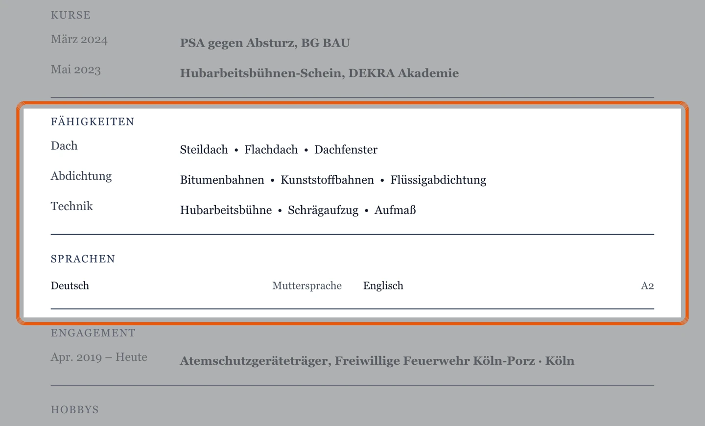 Kenntnisse und Sprachen im Muster – Muster Handwerk – allgemein