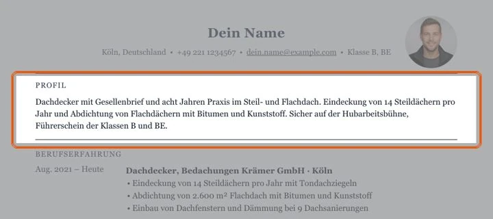 Lebenslauf mit Kurzprofil direkt unter den Kontaktdaten