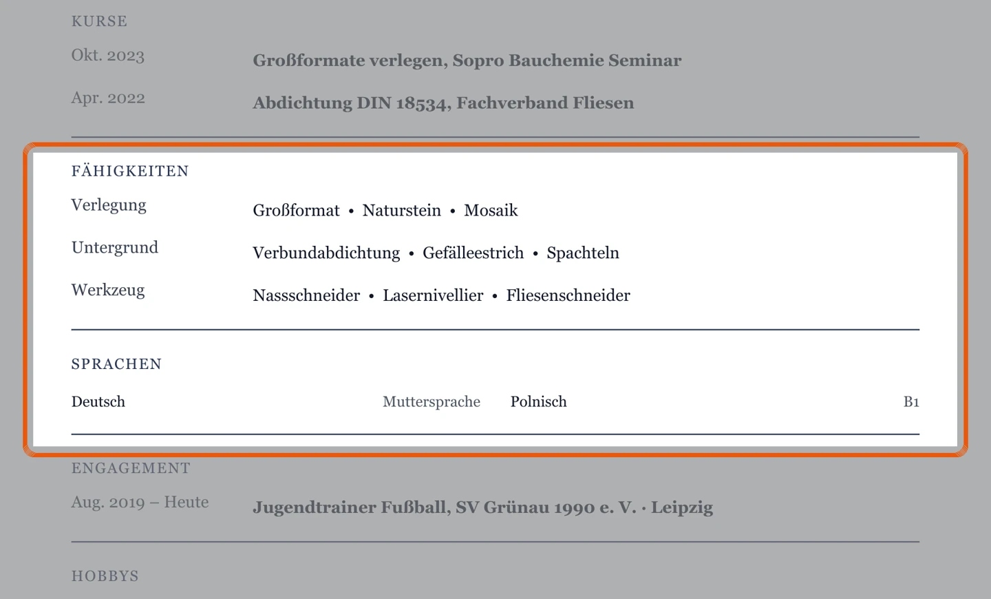 Kenntnisse und Sprachen im Muster – Muster Bau- & Ausbauhandwerk