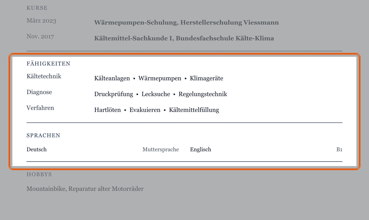 Kenntnisse und Sprachen im Muster – Muster Fahrzeug-, Metall- & Kältetechnik