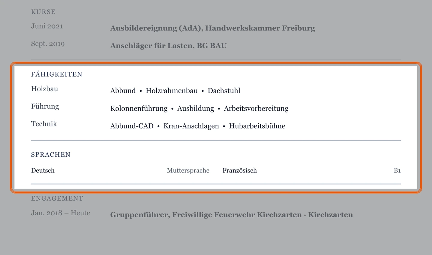 Kenntnisse und Sprachen im Muster – Muster Meister & Führung