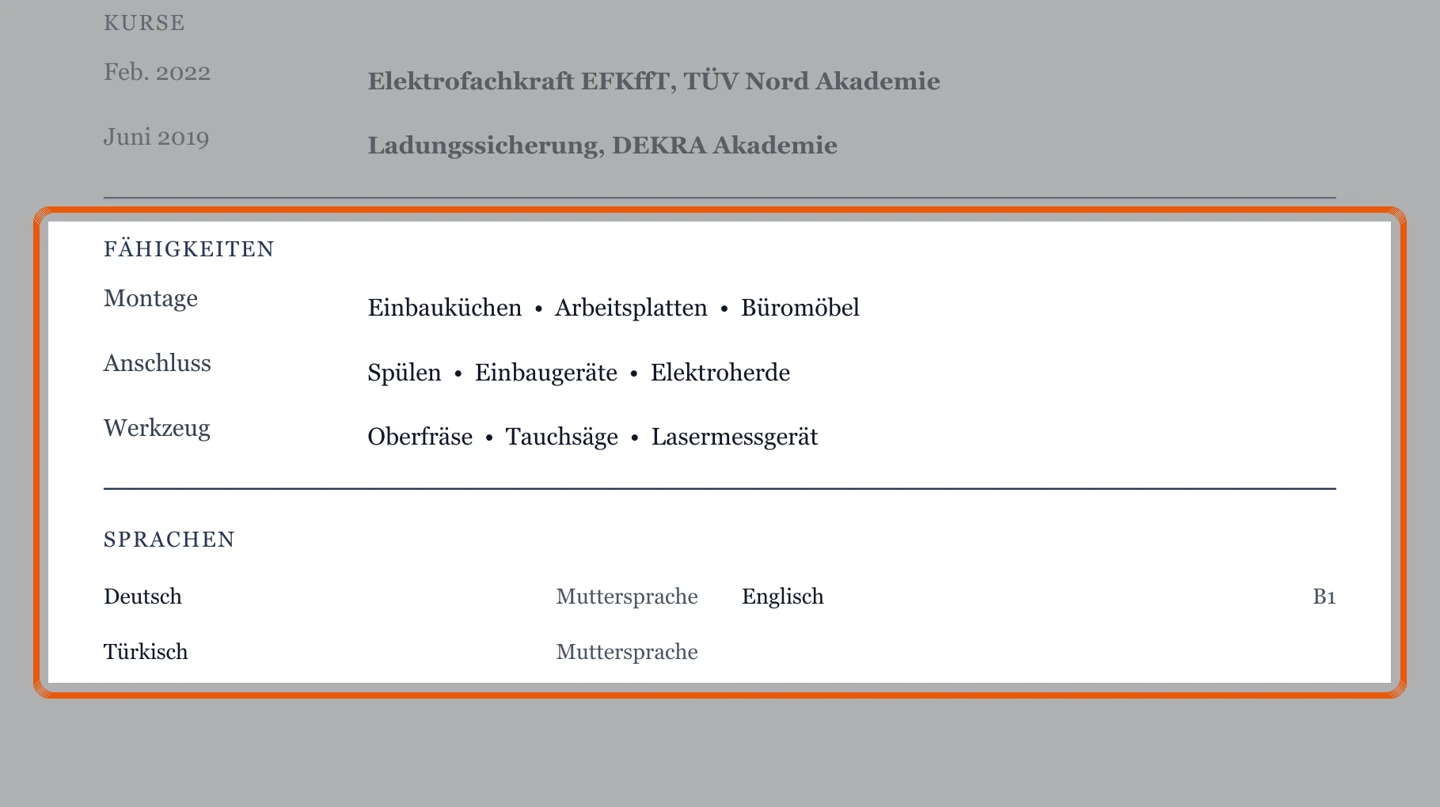 Kenntnisse und Sprachen im Muster – Muster Montage & Kundendienst