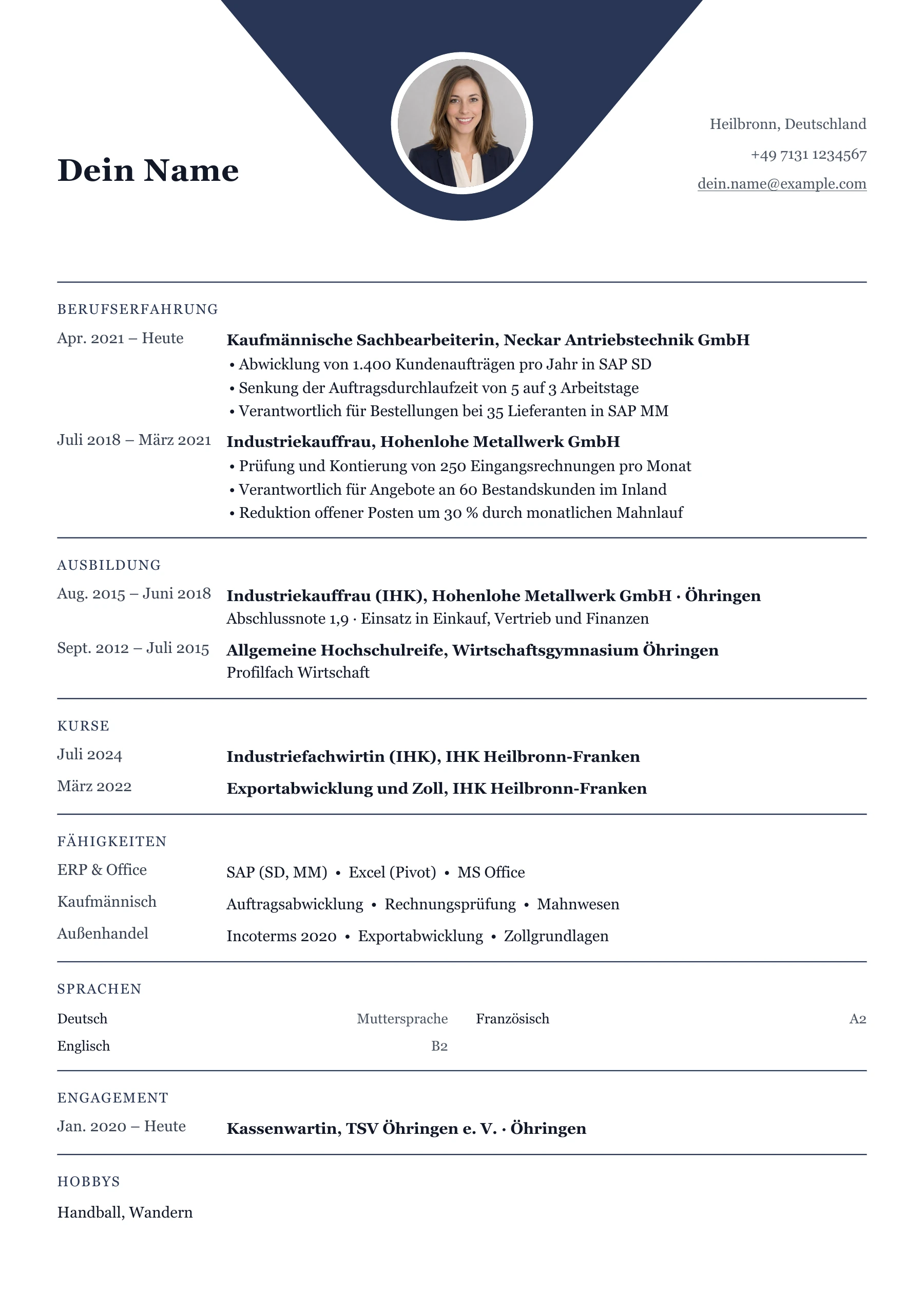 Lebenslauf Industriekaufmann · Industriekaufmann/-frau allgemein · Klassisch zentriert