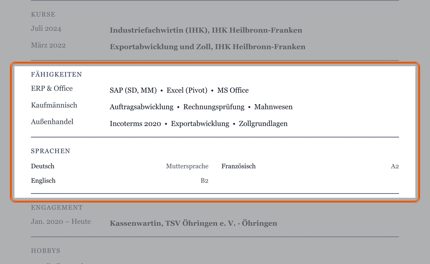 Kenntnisse und Sprachen im Muster – Muster Industriekaufmann/-frau – allgemein