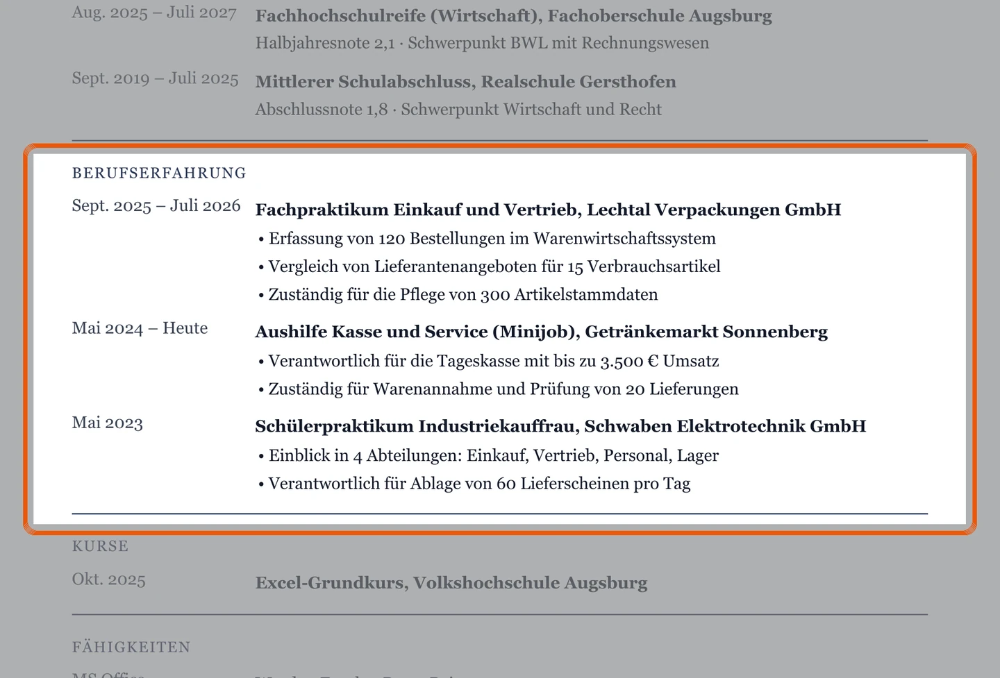Berufserfahrung im Muster – Muster Bewerbung um die Ausbildung