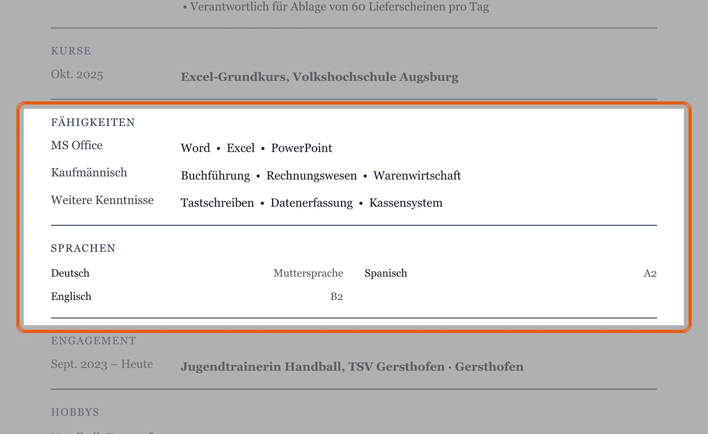 Kenntnisse und Sprachen im Muster – Muster Bewerbung um die Ausbildung