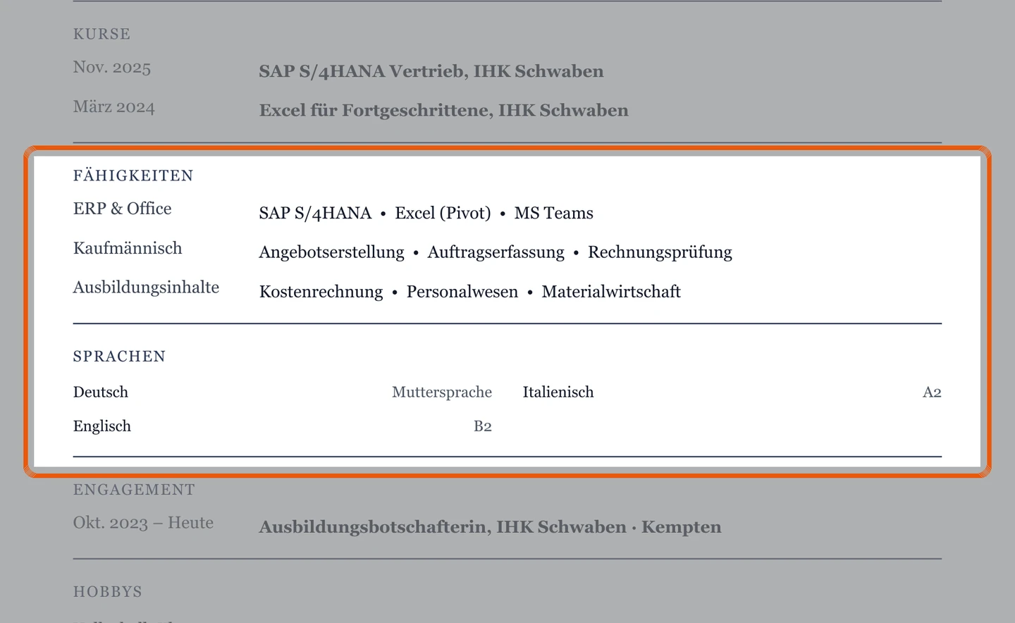 Kenntnisse und Sprachen im Muster – Muster Nach der Ausbildung