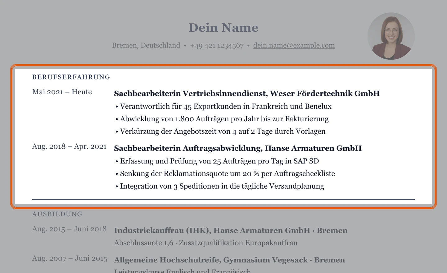 Berufserfahrung im Muster – Muster Vertriebsinnendienst & Auftragsabwicklung