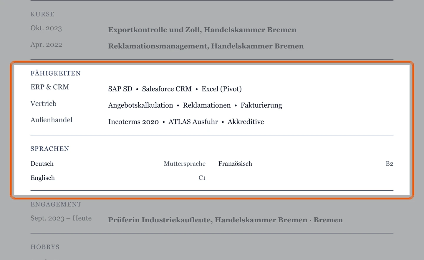 Kenntnisse und Sprachen im Muster – Muster Vertriebsinnendienst & Auftragsabwicklung