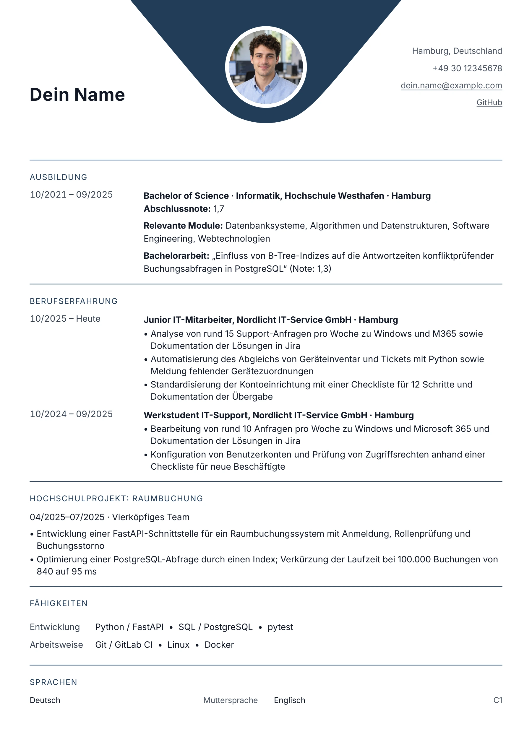 Lebenslauf Informatiker · Informatik & Berufseinstieg · Klassisch zentriert