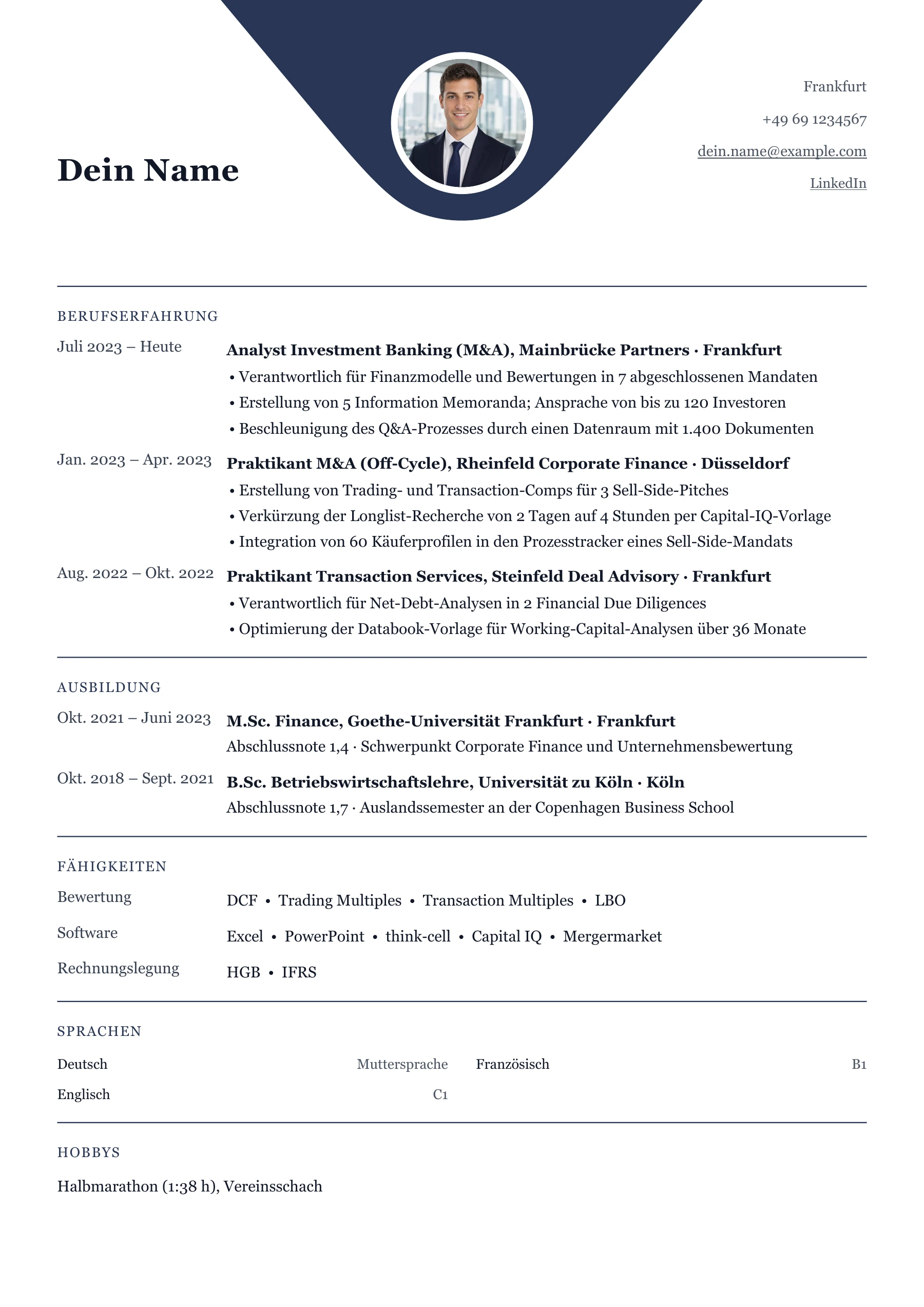 Lebenslauf Investment Banking · Investment Banking allgemein · Klassisch zentriert