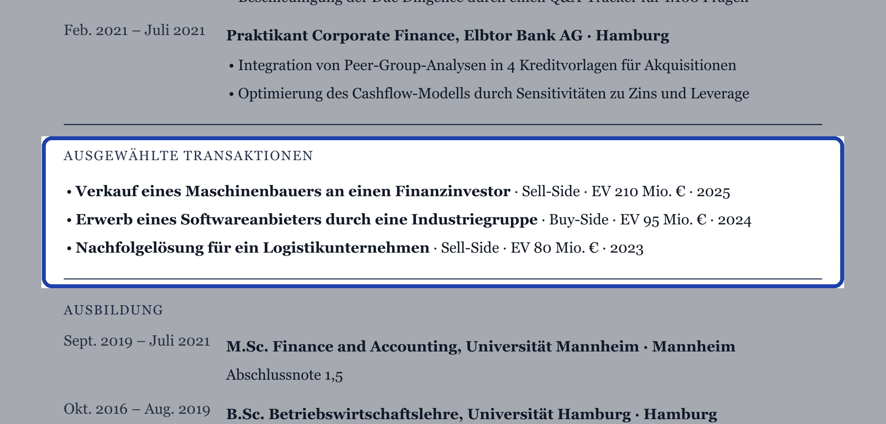 Abschnitt Ausgewählte Transaktionen im M&A-Muster