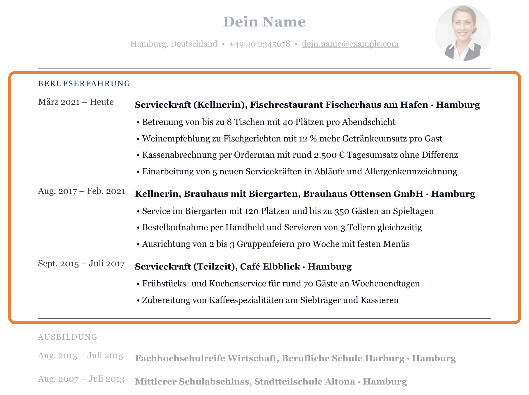 Berufserfahrung im Muster – Kellner*in allgemein – Allgemein