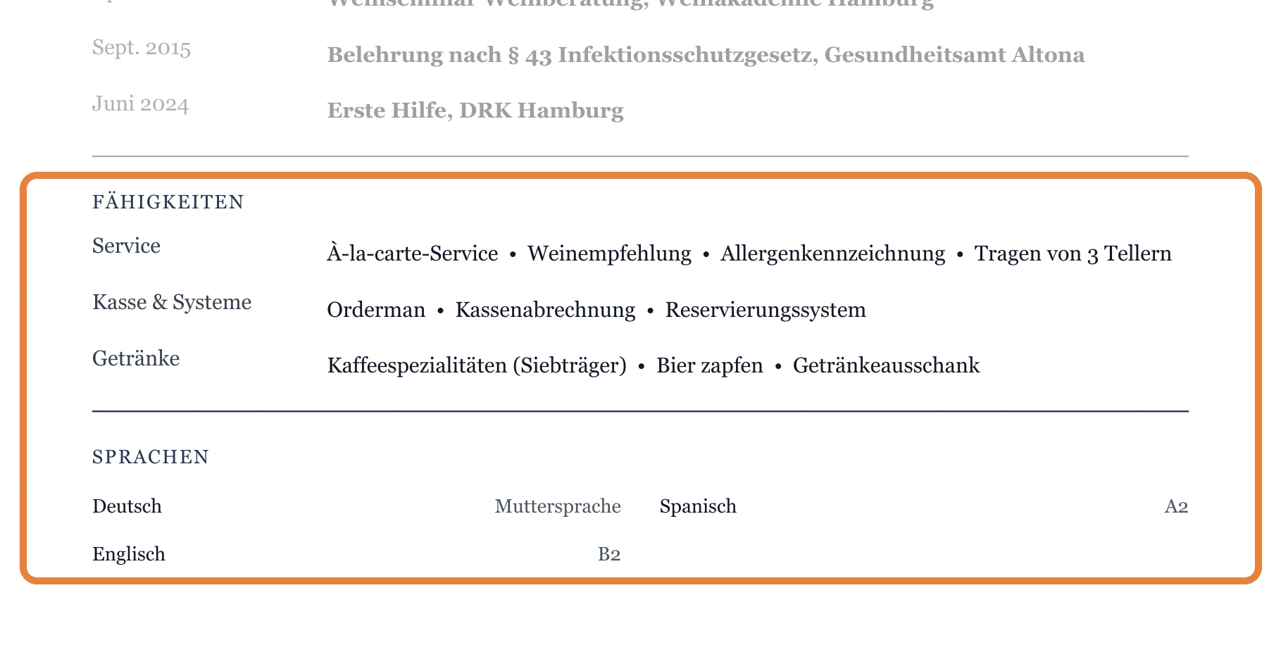 Kenntnisse und Sprachen im Muster – Kellner*in allgemein – Allgemein