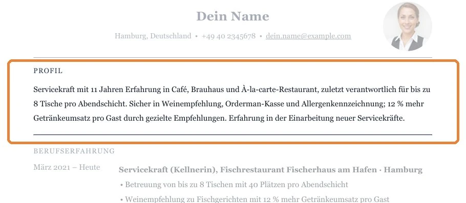 Position eines Kurzprofils zwischen Kontaktdaten und Berufserfahrung – Allgemein