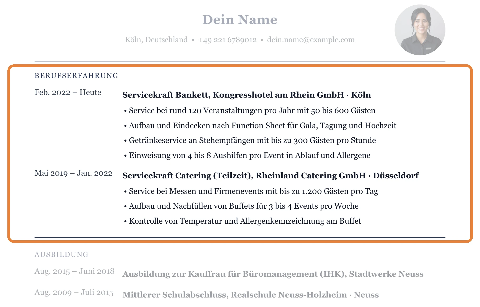 Berufserfahrung im Muster – Kellner*in allgemein – Bankett & Events
