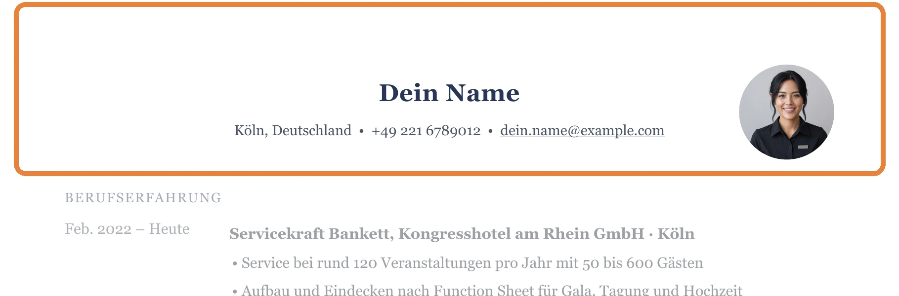 Persönliche Angaben im Muster – Kellner*in allgemein – Bankett & Events