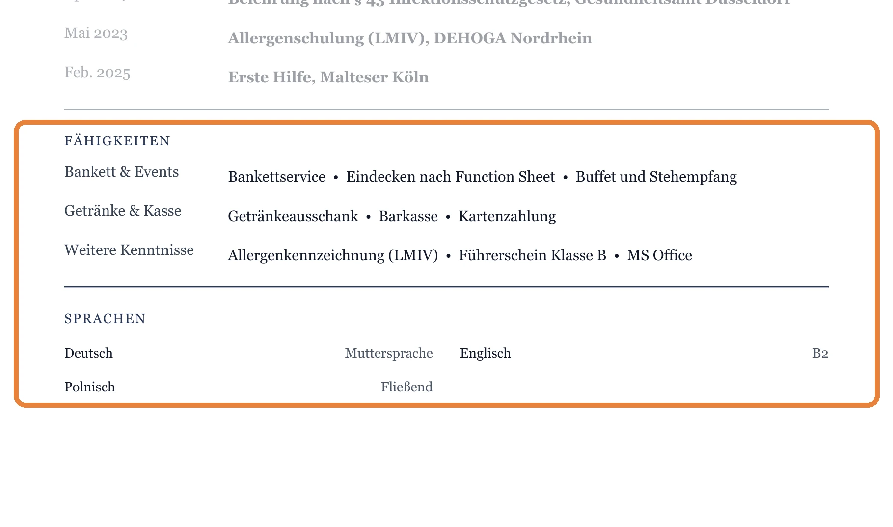 Kenntnisse und Sprachen im Muster – Kellner*in allgemein – Bankett & Events