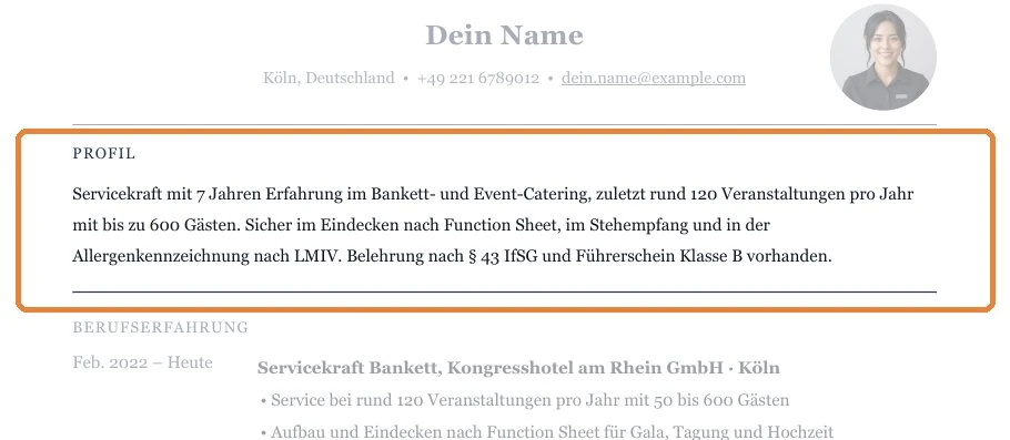 Position eines Kurzprofils zwischen Kontaktdaten und Berufserfahrung – Bankett & Events