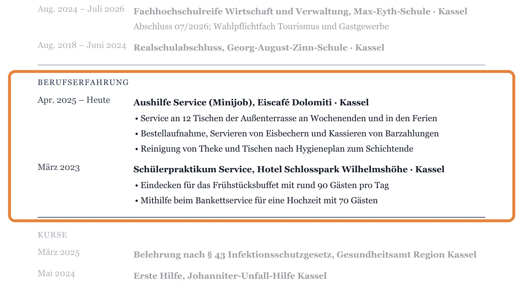 Berufserfahrung im Muster – Kellner*in allgemein – Berufseinstieg