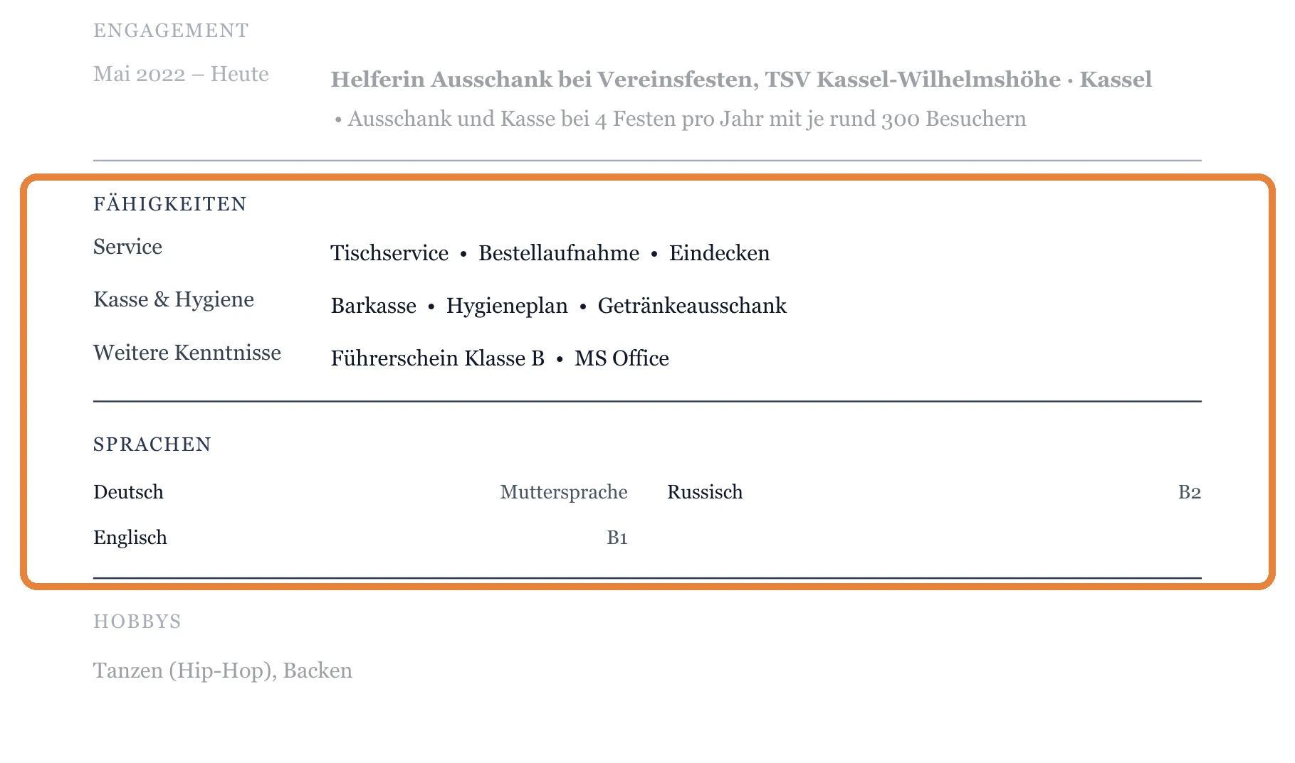 Kenntnisse und Sprachen im Muster – Kellner*in allgemein – Berufseinstieg