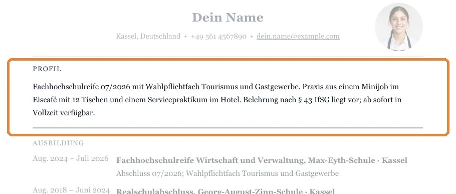 Position eines Kurzprofils zwischen Kontaktdaten und Berufserfahrung – Berufseinstieg