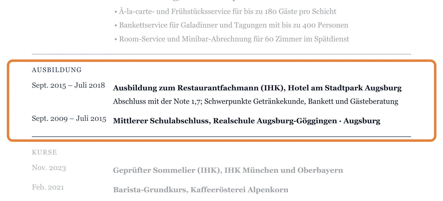 Ausbildung im Muster – Kellner*in allgemein – Hotel & gehobene Gastronomie