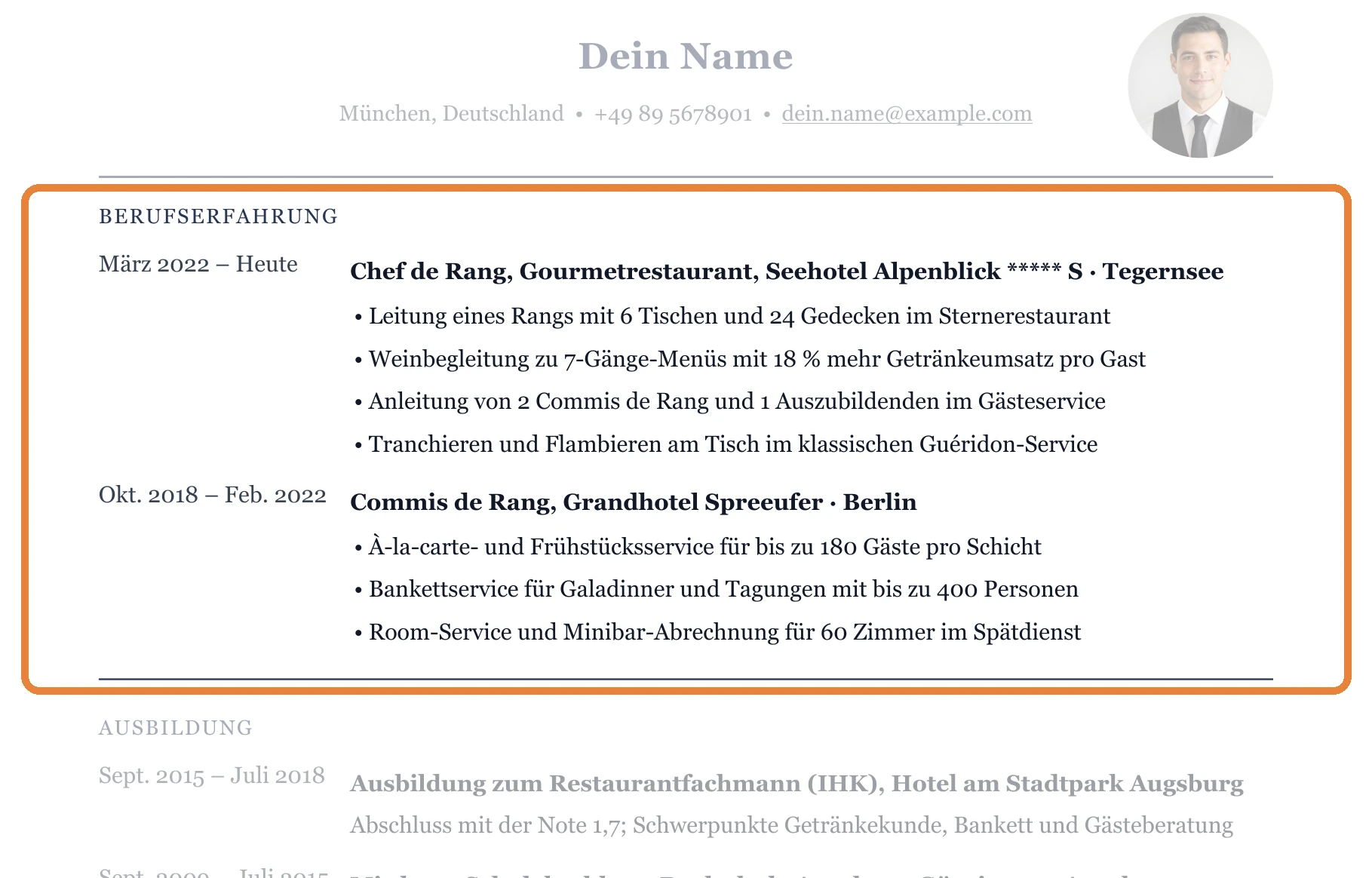 Berufserfahrung im Muster – Kellner*in allgemein – Hotel & gehobene Gastronomie