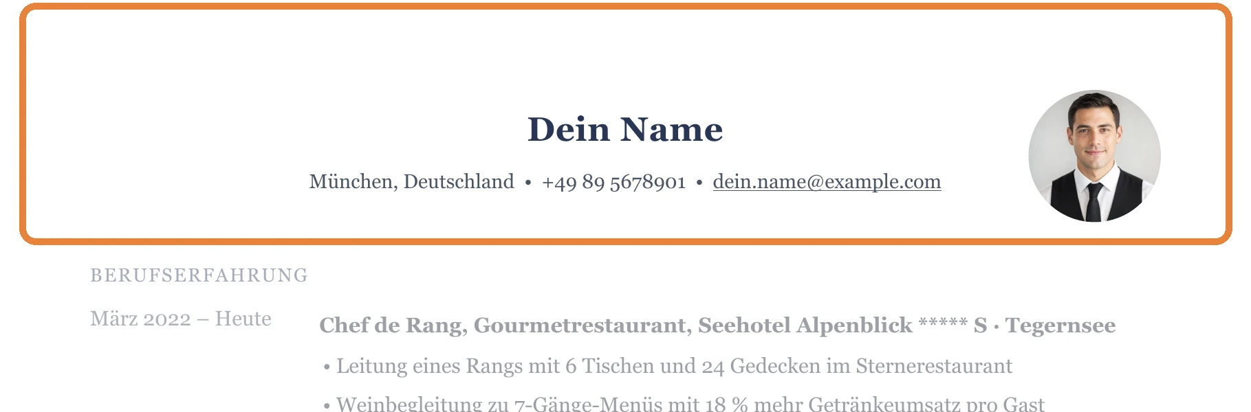 Persönliche Angaben im Muster – Kellner*in allgemein – Hotel & gehobene Gastronomie